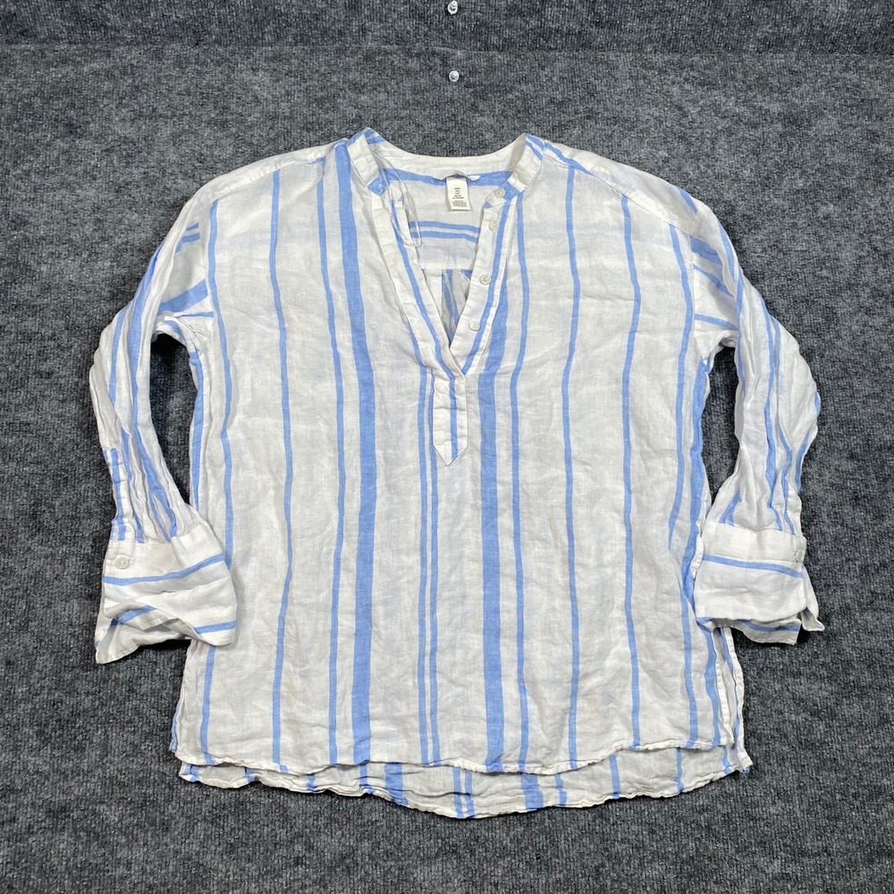 HM Womens Blue White Striped 100% Linen Split Neck Long Sleeve Blouse Size S